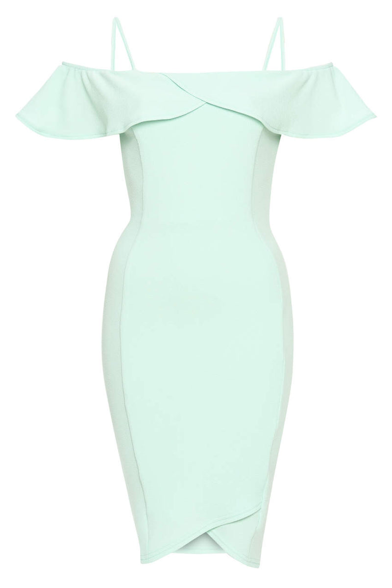 Green Bodycon Midi Dress Featuring A Bardot Frill