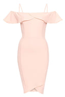 Pink Bodycon Midi Dress Featuring A Bardot Frill