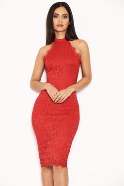 Red Halter Neck Lace Midi Dress