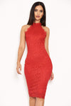 Red Halter Neck Lace Midi Dress