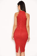 Red Halter Neck Lace Midi Dress