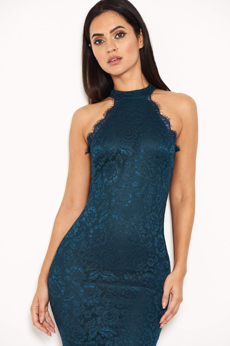 Teal Lace Halter Neck Midi Dress