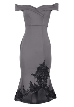 Pewter Off The Shoulder Lace Hem Dress