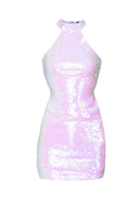 White Halter Neck Cut In Sequin Dress
