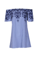 Blue Pinstripe Bardot Dress With Floral Embroidery