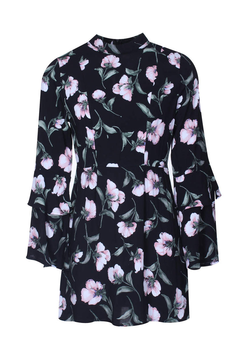 Black Floral Mini With Long Frill Bell Sleeves