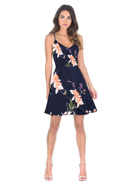 Navy Floral V-Neck Strappy Skater Dress