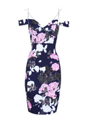 Navy Off Shoulder Floral Bodycon Midi Dress