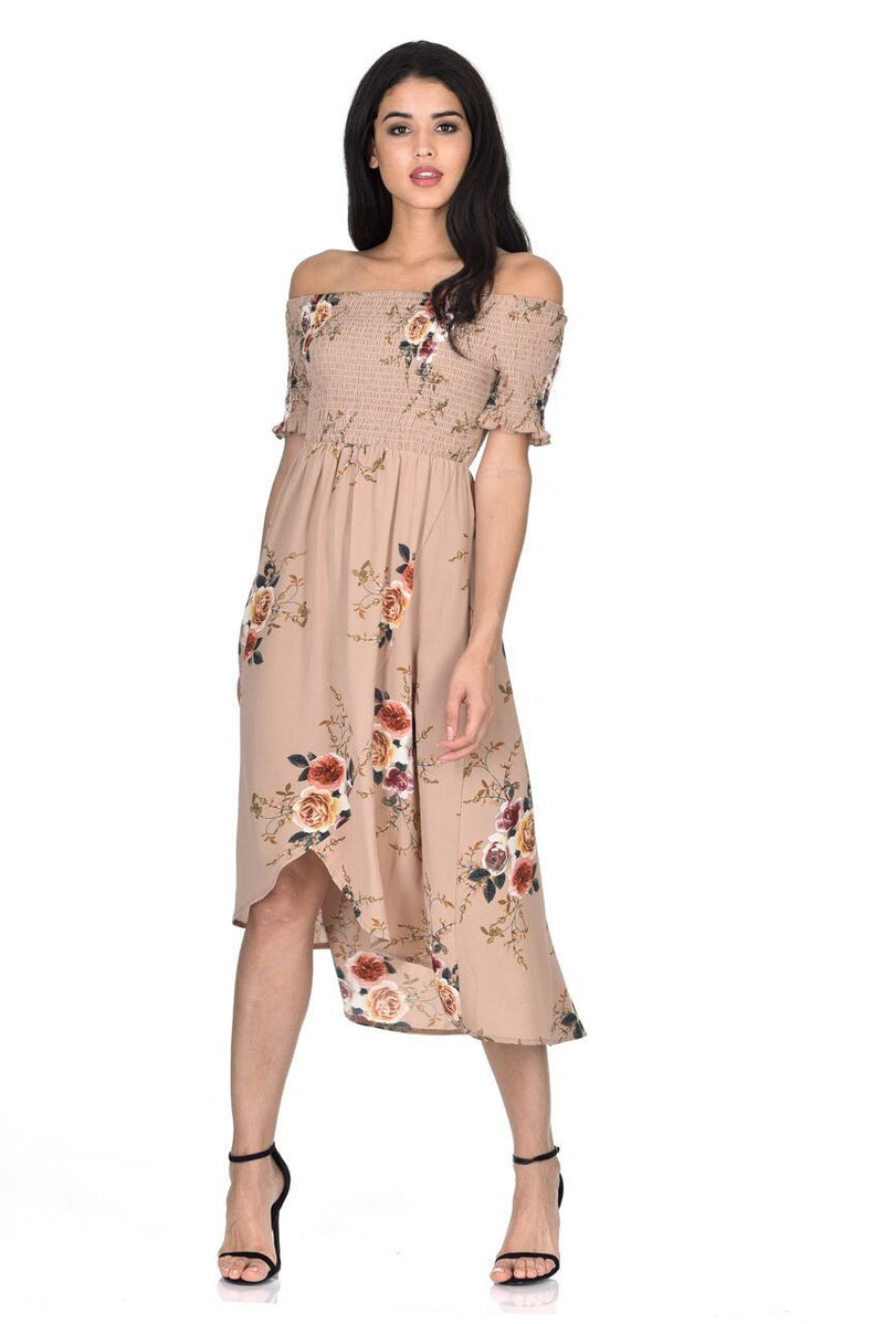 Beige Floral Bardot Printed Dress