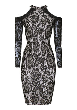 Black and Nude Midi High Neck Lace Dress