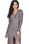 Grey Slinky Wrap Front Maxi Dress