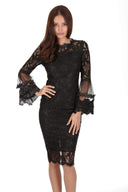 Black Lace Frill Sleeve Midi Dress