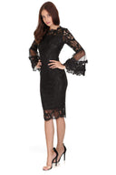 Black Lace Frill Sleeve Midi Dress