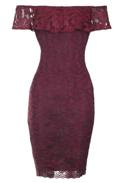 Wine Ruffled Off The Shoulder Lace Midi Dress