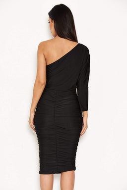Black One Sleeve Slinky Midi Dress
