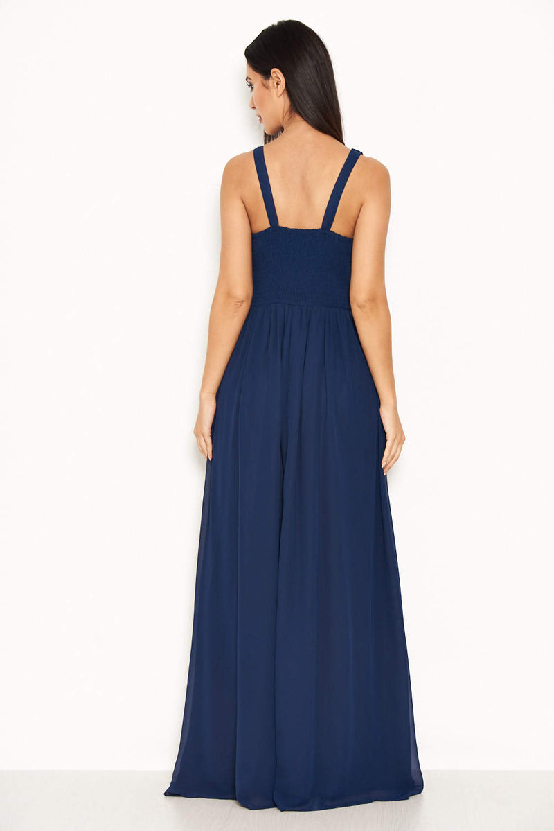 Navy Lace Detail V Neck Maxi Dress