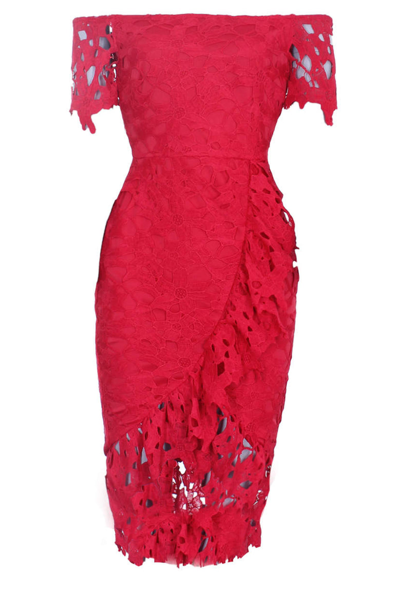 Red Crochet Bardot Frill Wrap Dress