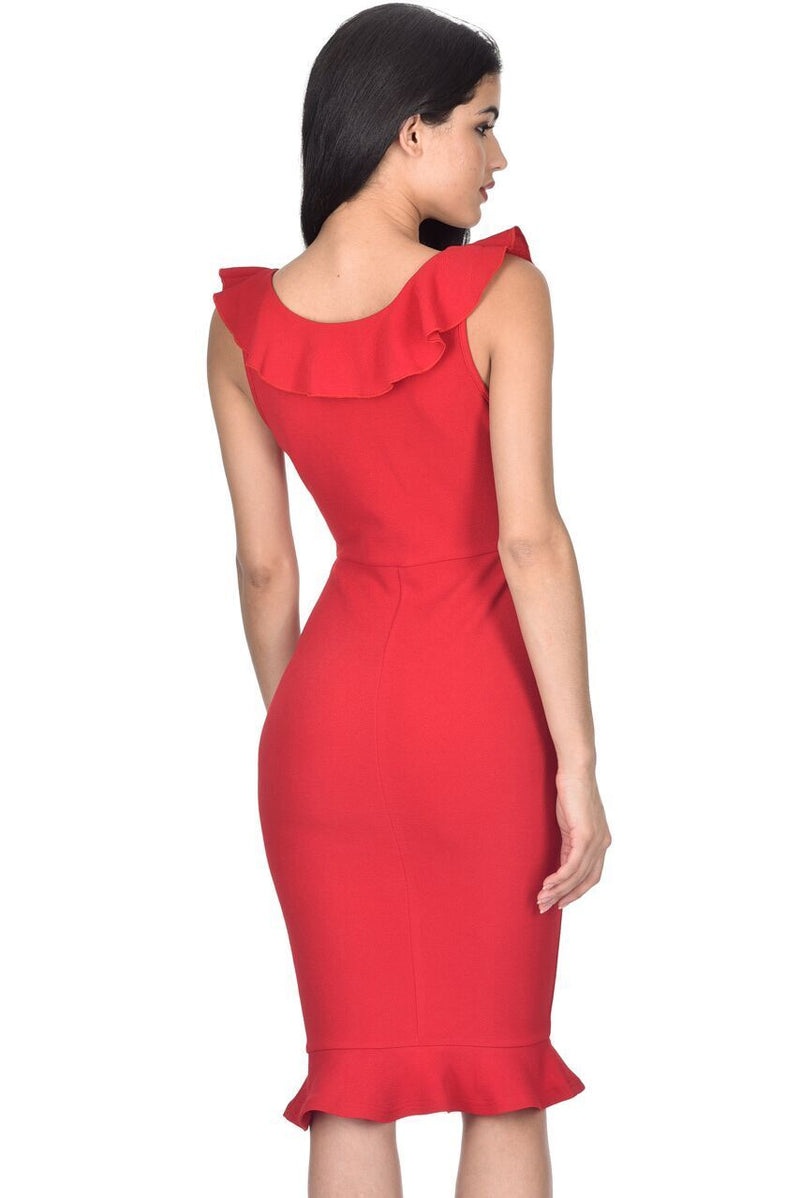 Red V Neck Frill Detail Bodycon Dress