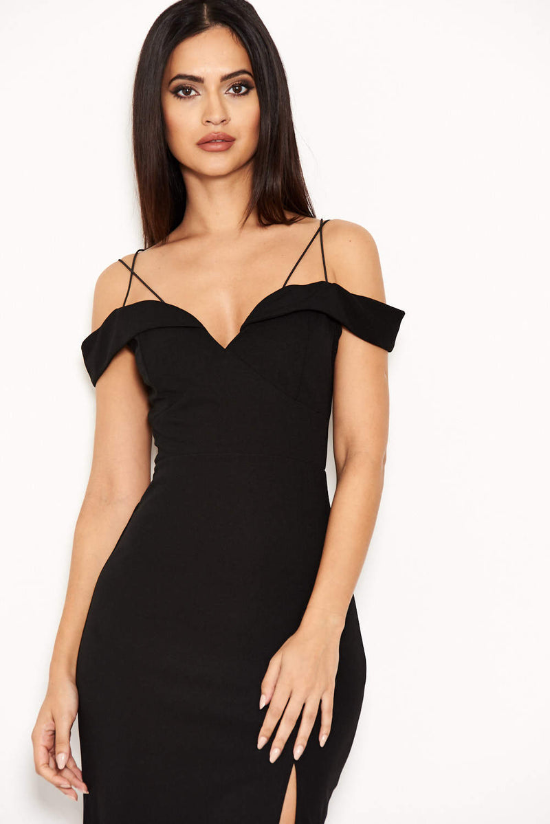 Black Strappy Off The Shoulder Side Split Maxi Dress