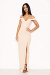 Nude Strappy Off The Shoulder Side Split Maxi Dress