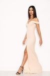 Nude Strappy Off The Shoulder Side Split Maxi Dress