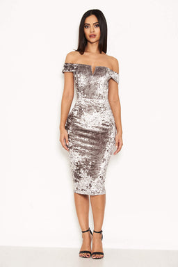 Grey Velvet Off The Shoulder Bardot Dress