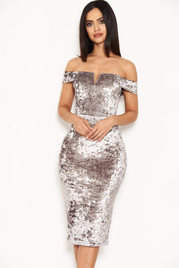 Grey Velvet Off The Shoulder Bardot Dress