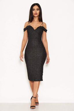 Black Strappy Notch Front Sparkly Dress