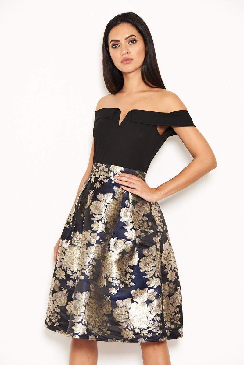 Black Floral Brocade Midi Dress