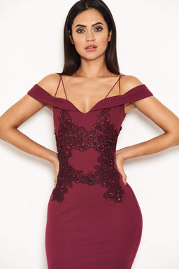Plum Off The Shoulder Lace Midi Dress With Delicate Straps