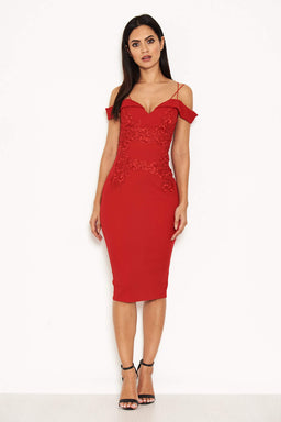 Red Strappy Lace Midi Dress