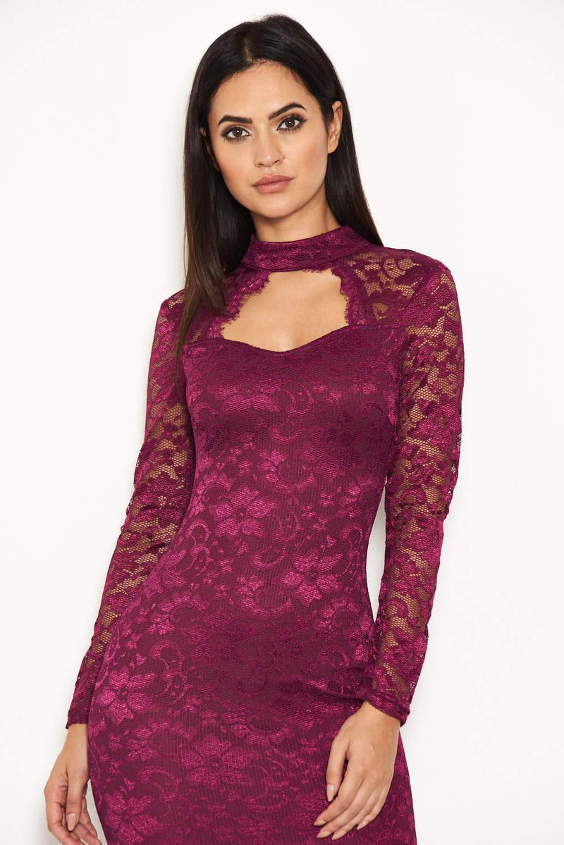 Plum Lace Midi Dress With Long Sleeves