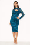 Teal Lace Midi Dress With Long Sleeves