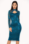 Teal Lace Midi Dress With Long Sleeves