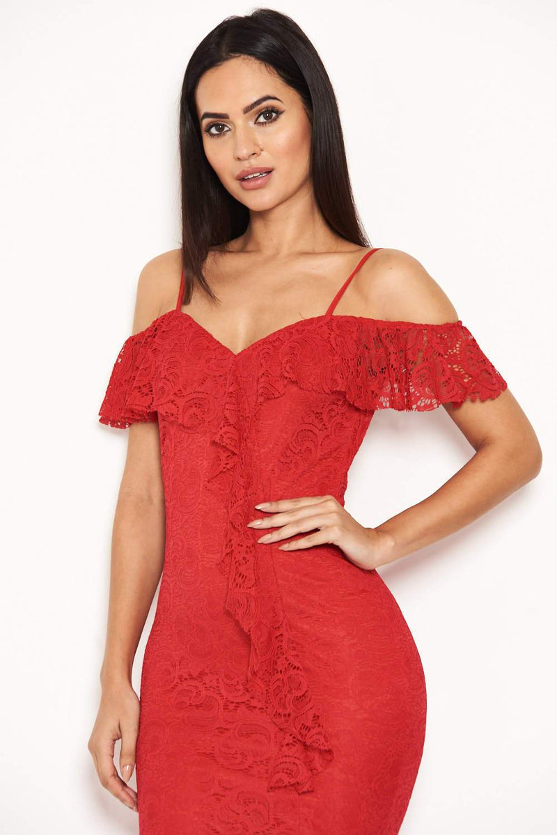 Red Lace Dress With Frill Detail