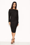 Black Slash Neck Glitter Ruched Dress