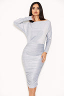 Silver Slash Neck Glitter Ruched Dress