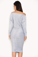 Silver Slash Neck Glitter Ruched Dress