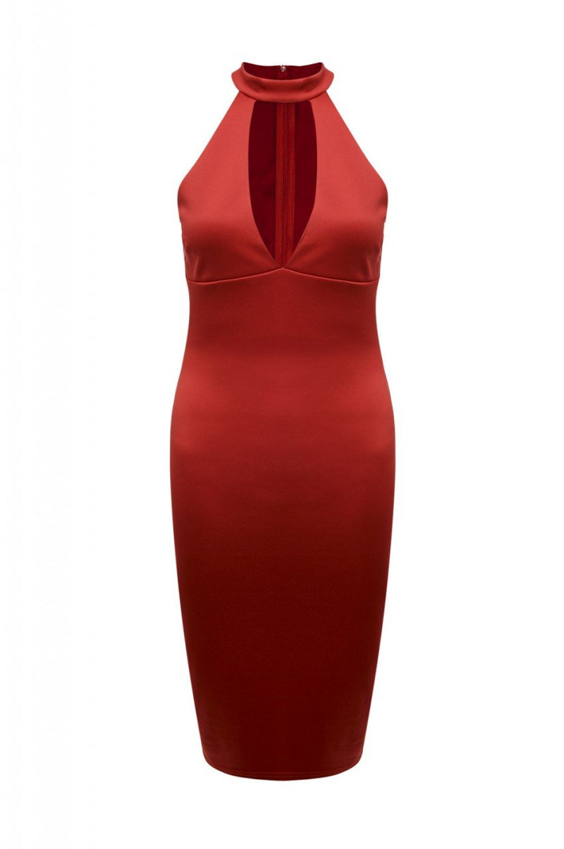 Red  Midi    Dress with Cut Out Neck