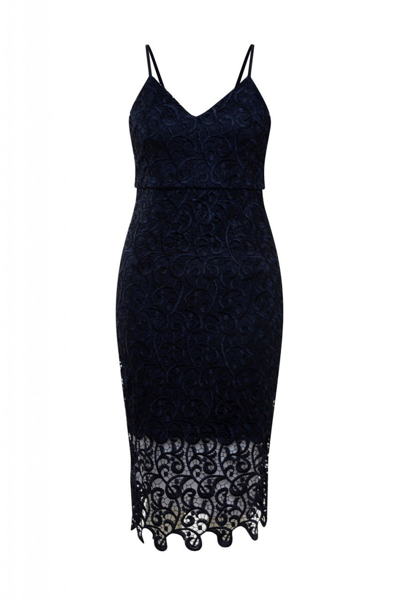 Navy V Neck Crochet Midi   Dress