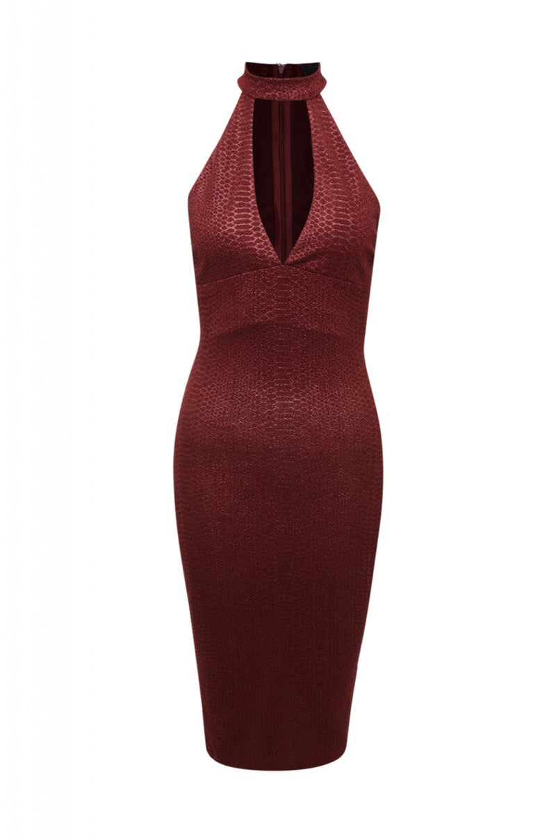 Red Wine Textured Midi Dress with Cut-Out Neck Detail