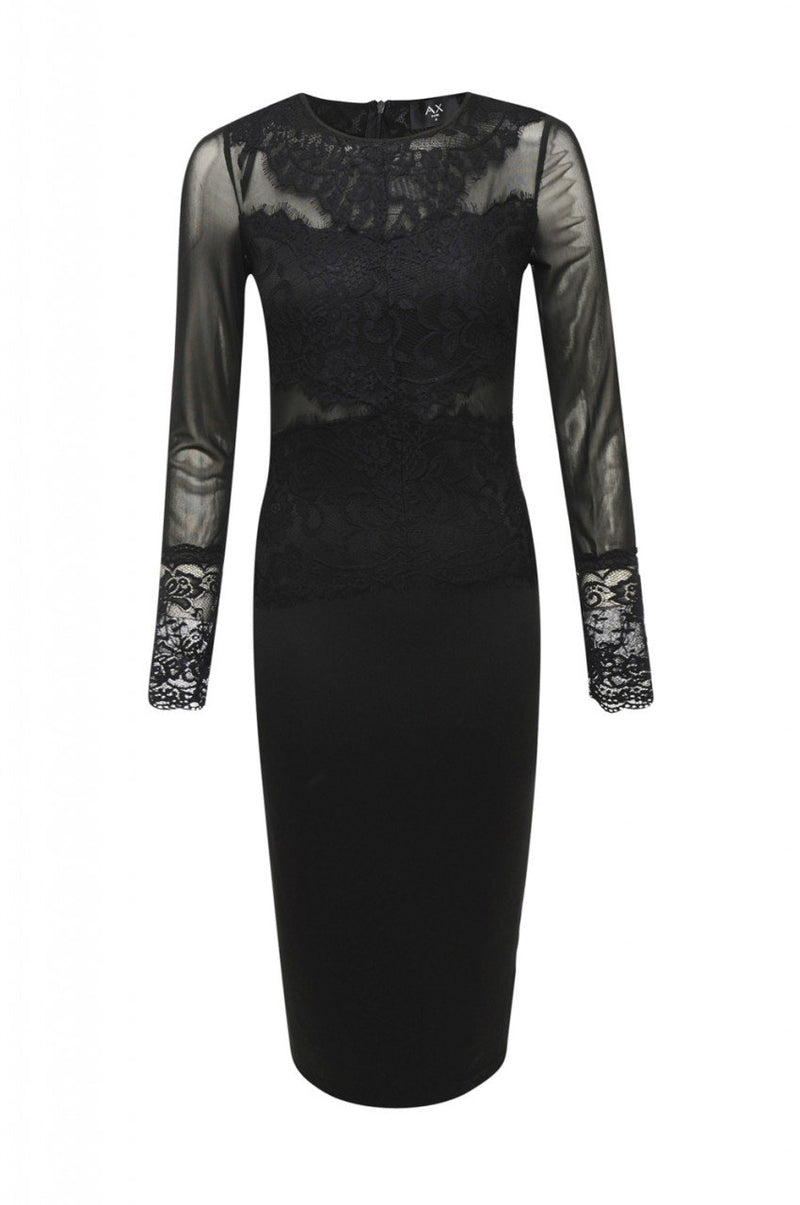 Black Midi Dress with Lace and Mesh Detail