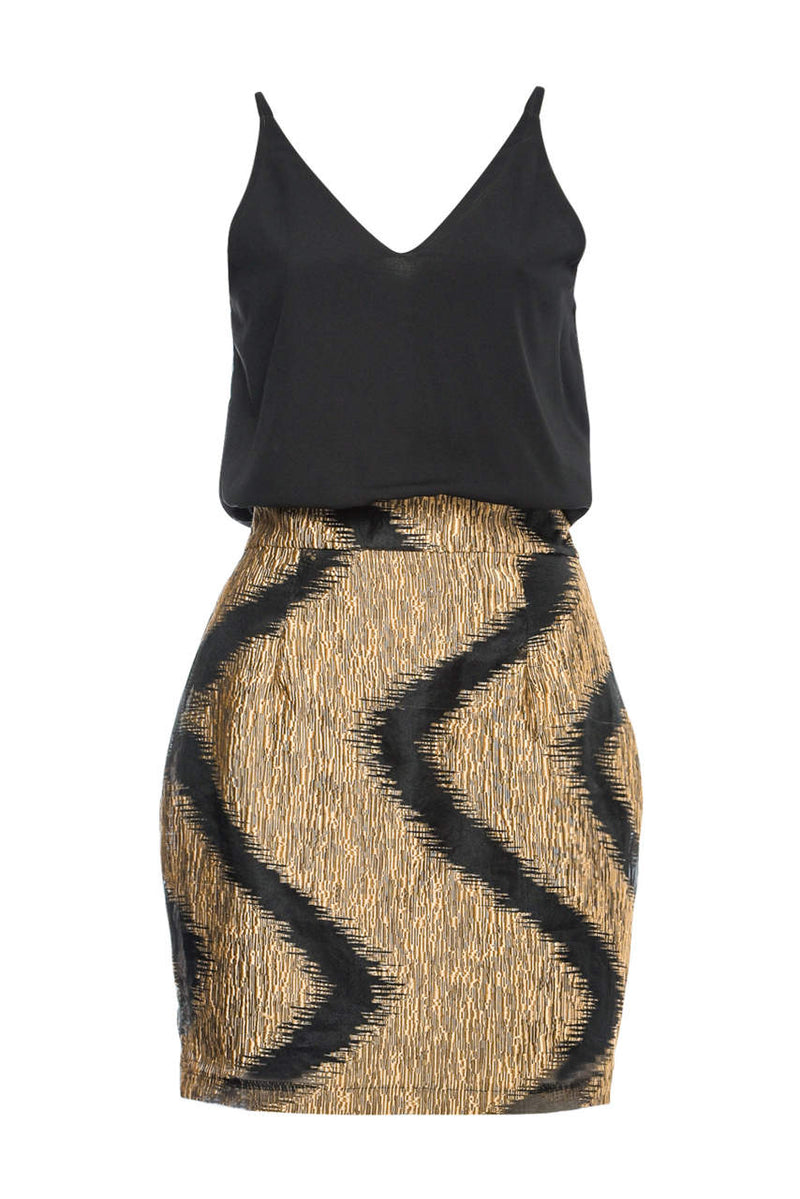 Black 2-in-1 mini dress with printed skirt