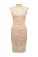 Nude Midi Dress with High Necked Lace Detail