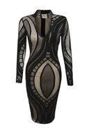 Black/Nude Mesh Bodycon Dress with Contrast Cut-Out-Neck Style