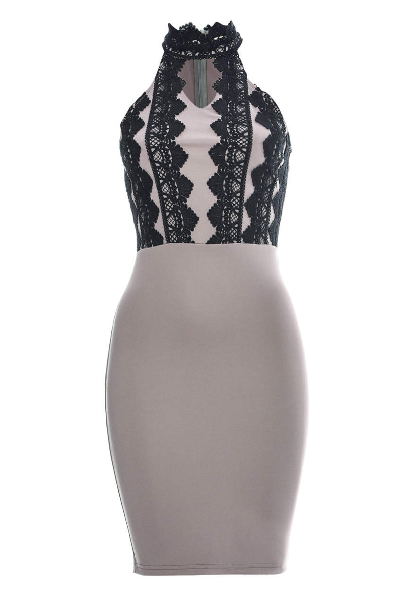 High Neck Lace Front Bodycon Mini Dress