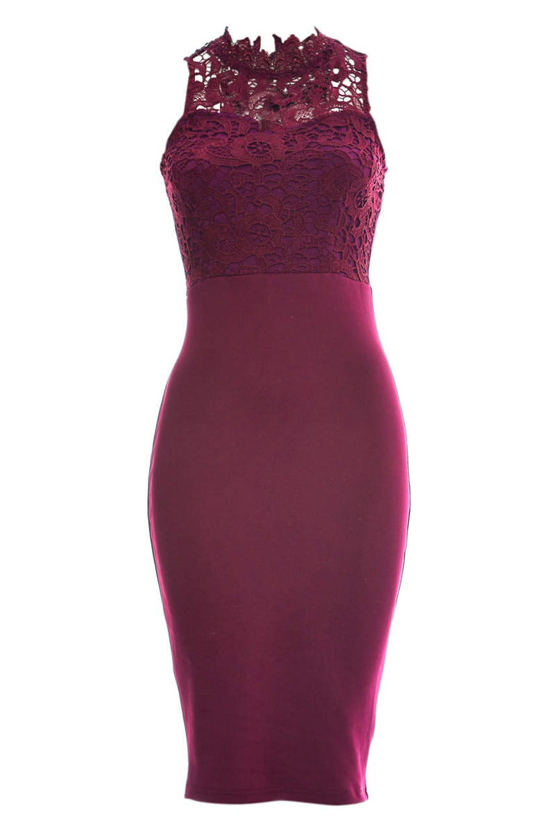 Plum Bodycon Midi Dress Crochet High Neck