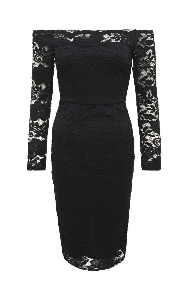 Black Midi Dress with Lace and Off -the-Shoulder Style