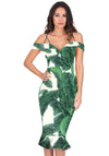 Green Leaf Print Midi Dress With Off The Shoulder Strappy Detail