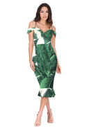 Green Leaf Print Midi Dress With Off The Shoulder Strappy Detail